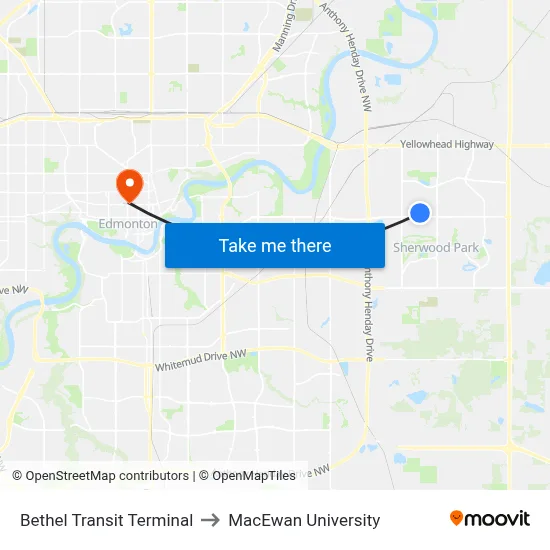 Bethel Transit Terminal to MacEwan University map