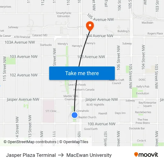 Jasper Plaza Terminal to MacEwan University map