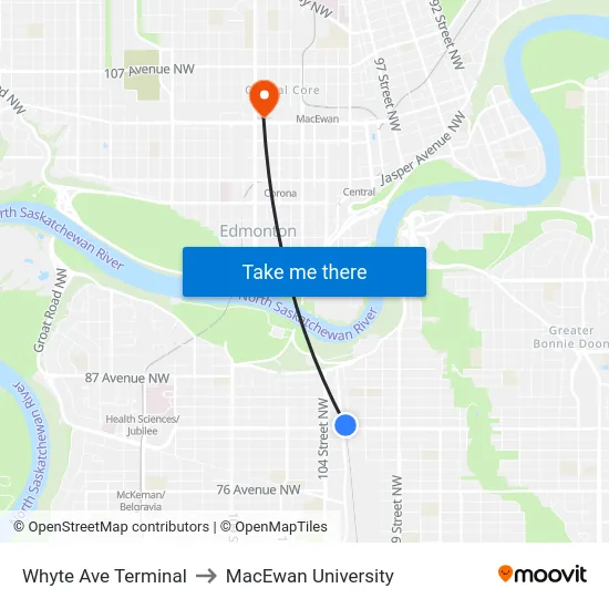 Whyte Ave Terminal to MacEwan University map