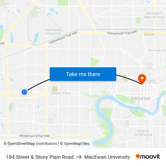 184 Street & Stony Plain Road to MacEwan University map