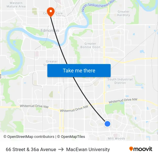 66 Street & 36a Avenue to MacEwan University map