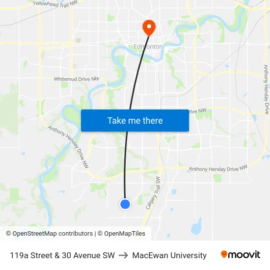 119a Street & 30 Avenue SW to MacEwan University map