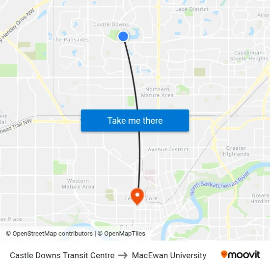 Castle Downs Transit Centre to MacEwan University map