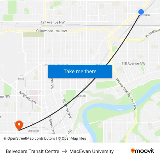 Belvedere Transit Centre to MacEwan University map
