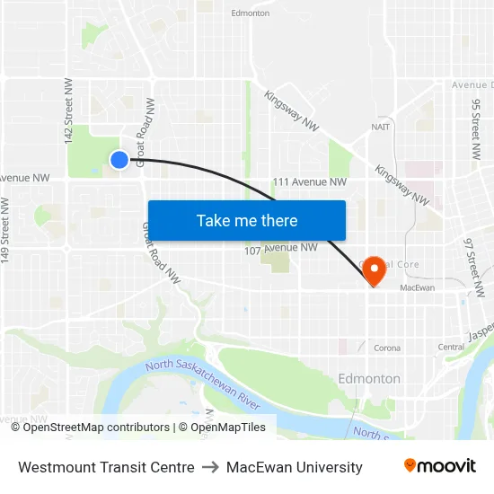 Westmount Transit Centre to MacEwan University map