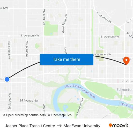 Jasper Place Transit Centre to MacEwan University map