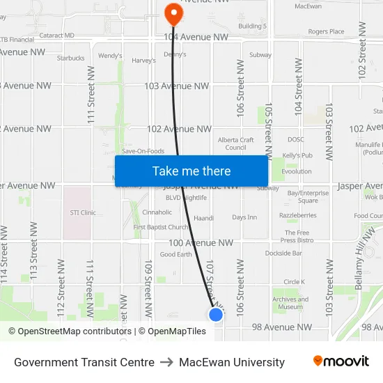 Government Transit Centre to MacEwan University map