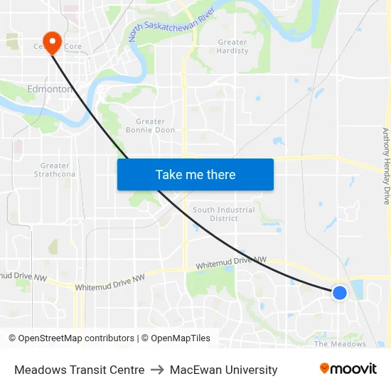 Meadows Transit Centre to MacEwan University map