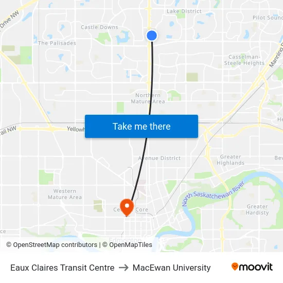 Eaux Claires Transit Centre to MacEwan University map