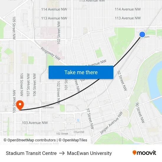 Stadium Transit Centre to MacEwan University map