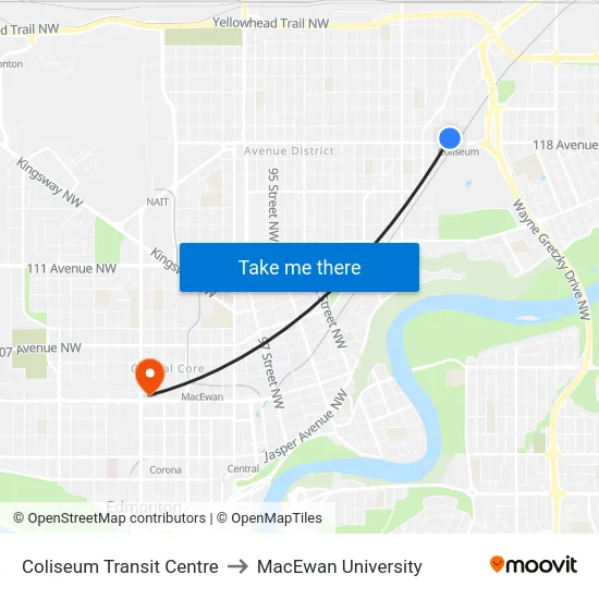 Coliseum Transit Centre to MacEwan University map