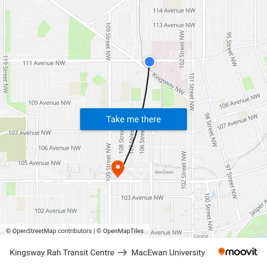 Kingsway Rah Transit Centre to MacEwan University map