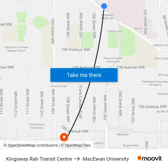Kingsway Rah Transit Centre to MacEwan University map