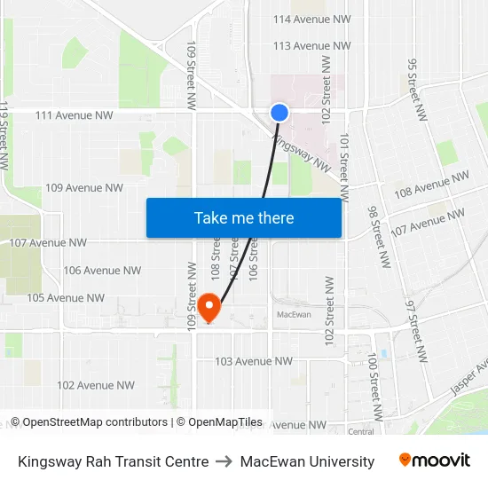 Kingsway Rah Transit Centre to MacEwan University map