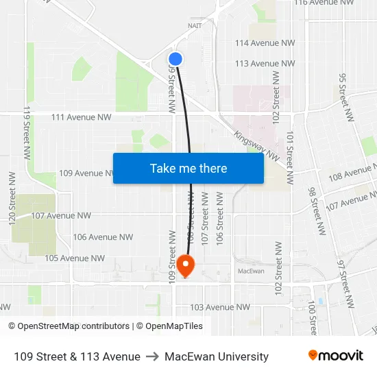 109 Street & 113 Avenue to MacEwan University map