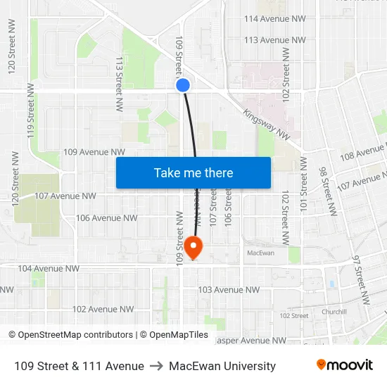 109 Street & 111 Avenue to MacEwan University map