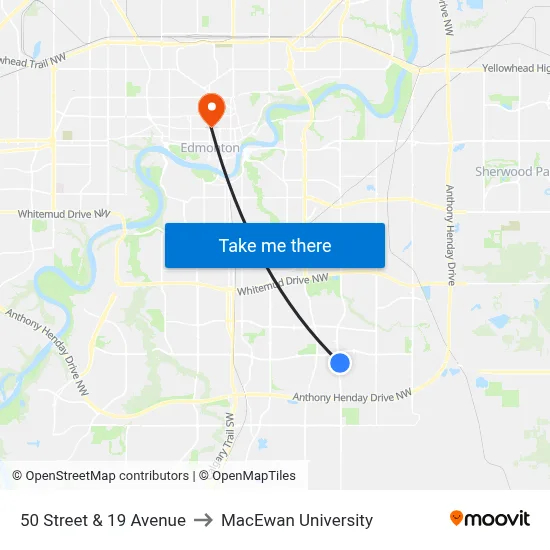 50 Street & 19 Avenue to MacEwan University map