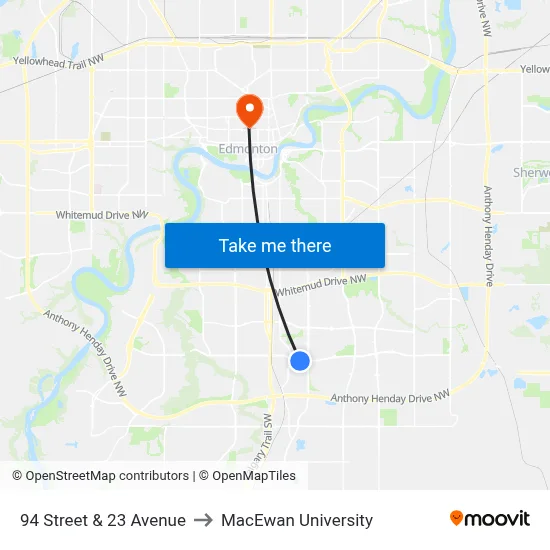 94 Street & 23 Avenue to MacEwan University map