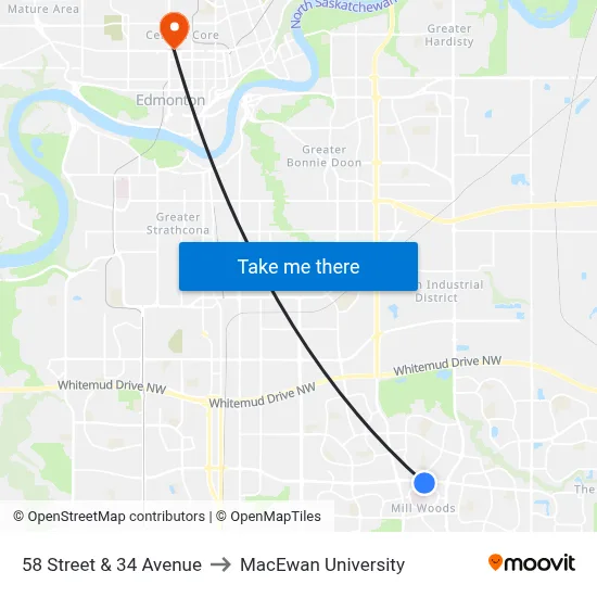 58 Street & 34 Avenue to MacEwan University map