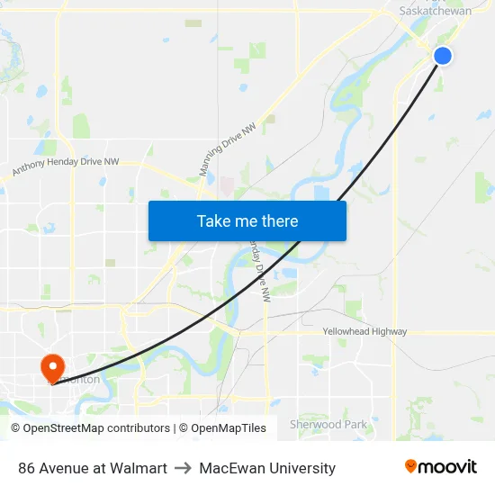 86 Avenue at Walmart to MacEwan University map