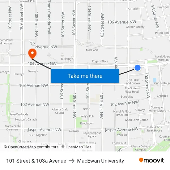101 Street & 103a Avenue to MacEwan University map