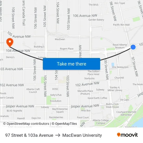 97 Street & 103a Avenue to MacEwan University map