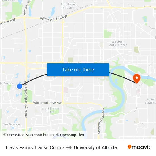 Lewis Farms Transit Centre to University of Alberta map