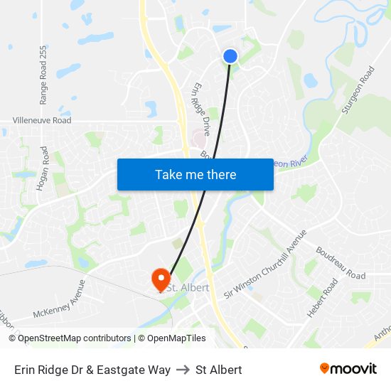 Erin Ridge Dr & Eastgate Way to St Albert map