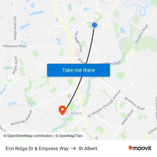 Erin Ridge Dr & Empress Way to St Albert map