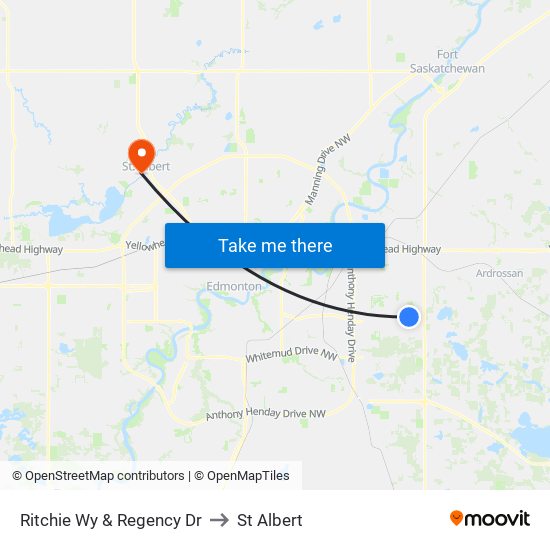 Ritchie Wy & Regency Dr to St Albert map