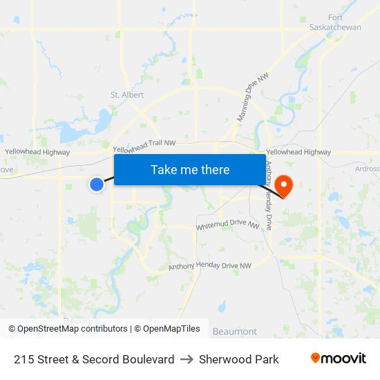 215 Street & Secord Boulevard to Sherwood Park map