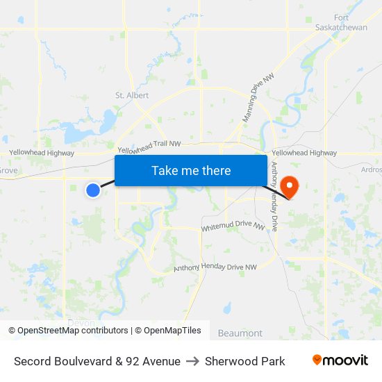 Secord Boulvevard & 92 Avenue to Sherwood Park map