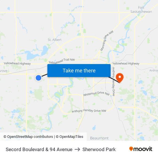 Secord Boulevard & 94 Avenue to Sherwood Park map