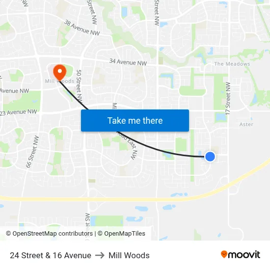 24 Street & 16 Avenue to Mill Woods map
