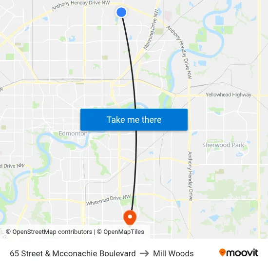 65 Street & Mcconachie Boulevard to Mill Woods map