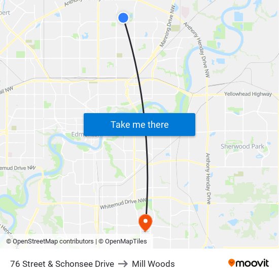76 Street & Schonsee Drive to Mill Woods map