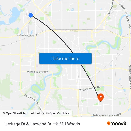 Heritage Dr & Harwood Dr to Mill Woods map