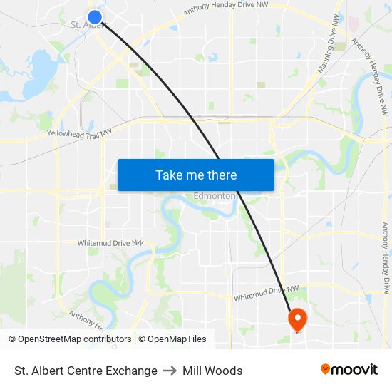 St. Albert Centre Exchange to Mill Woods map