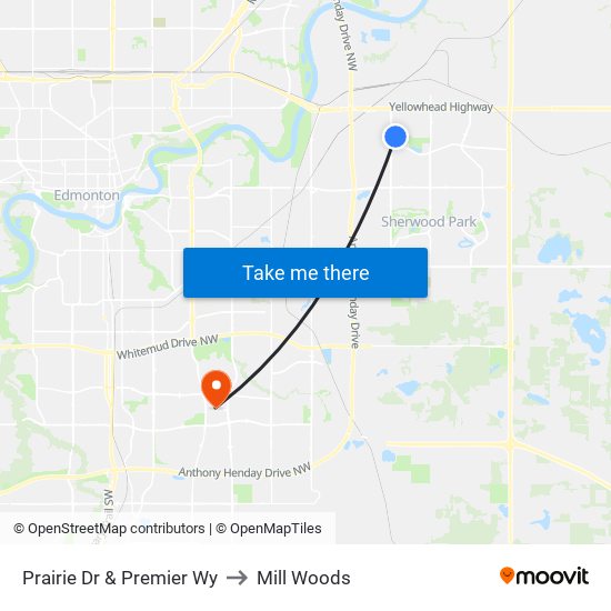 Prairie Dr & Premier Wy to Mill Woods map