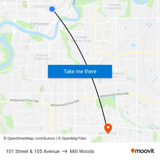 101 Street & 105 Avenue to Mill Woods map