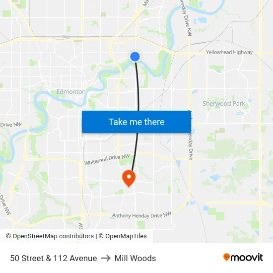 50 Street & 112 Avenue to Mill Woods map