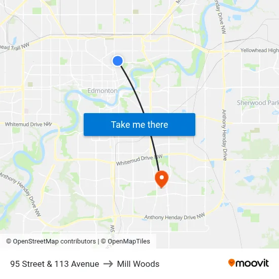 95 Street & 113 Avenue to Mill Woods map