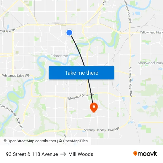 93 Street & 118 Avenue to Mill Woods map
