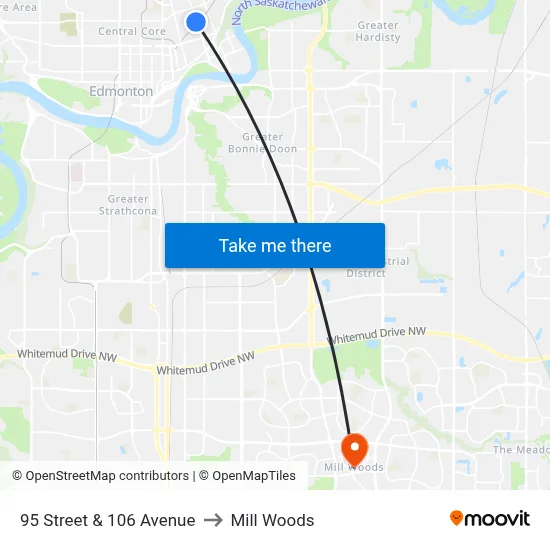 95 Street & 106 Avenue to Mill Woods map