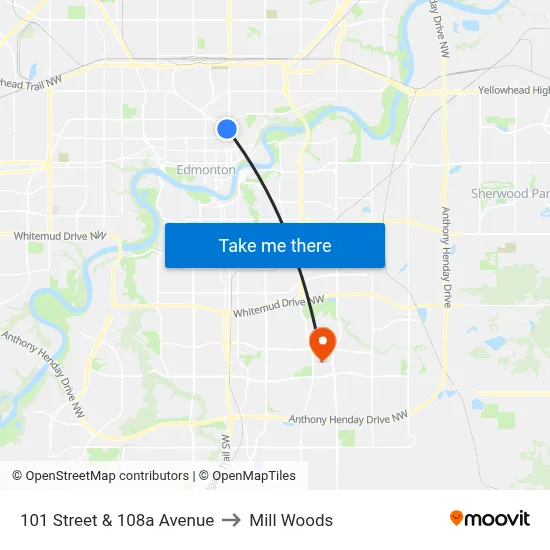 101 Street & 108a Avenue to Mill Woods map