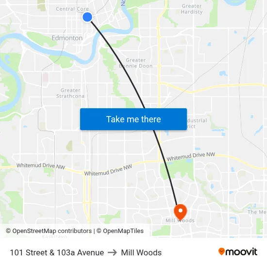 101 Street & 103a Avenue to Mill Woods map