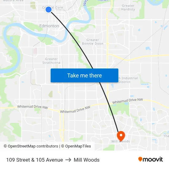 109 Street & 105 Avenue to Mill Woods map