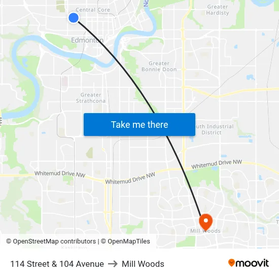 114 Street & 104 Avenue to Mill Woods map
