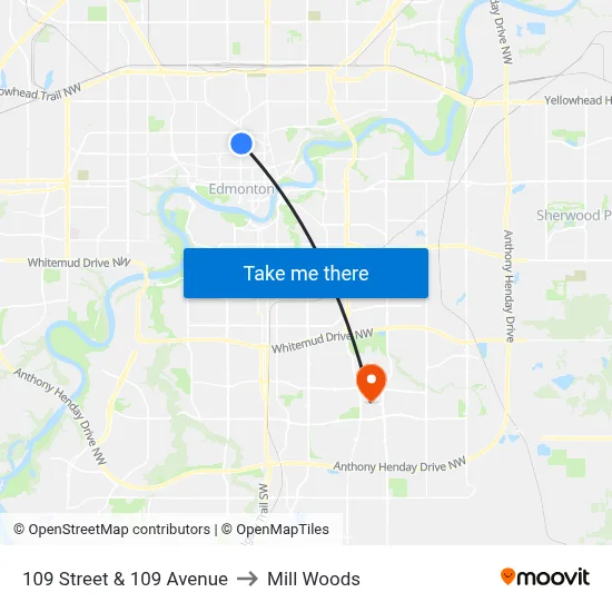 109 Street & 109 Avenue to Mill Woods map