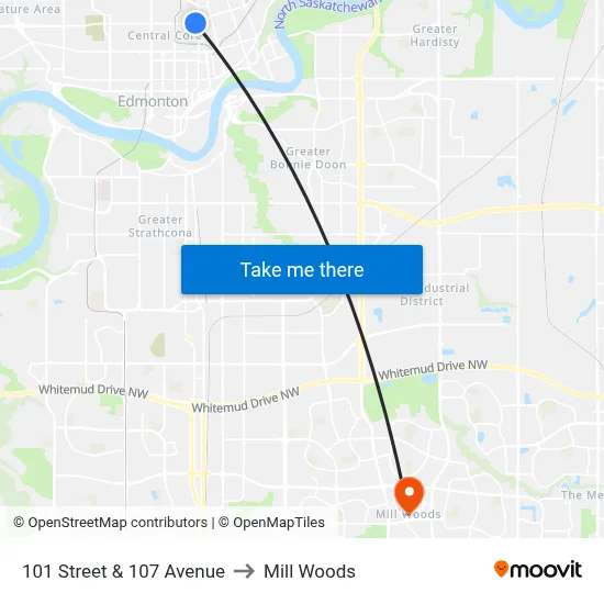 101 Street & 107 Avenue to Mill Woods map